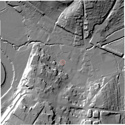 Shaded relief map of the ground around HR97RW, computed from Environment Agency LiDAR. The ground here sits at about 33 m above sea level and falls 36 m across the surrounding 800 m. Surface water reaching this point runs off ground lying to the south-south-west, 32.0 m higher.