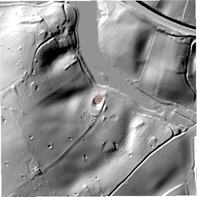 Shaded relief map of the ground around HR97SB, computed from Environment Agency LiDAR. The ground here sits at about 59 m above sea level and falls 54 m across the surrounding 800 m. Surface water reaching this point runs off ground lying to the south-south-west, 11.9 m higher.