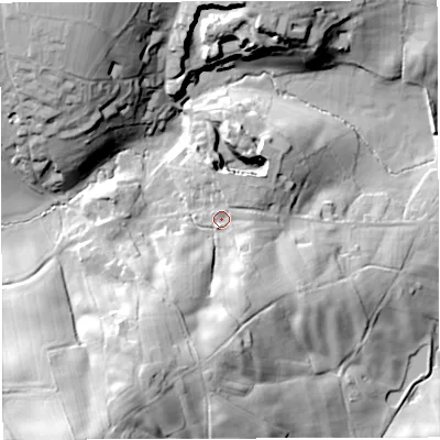 Shaded relief map of the ground around HR97SH, computed from Environment Agency LiDAR. The ground here sits at about 69 m above sea level and falls 37 m across the surrounding 800 m. Surface water reaching this point runs off ground lying to the south-south-west, 19.0 m higher.