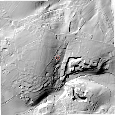 Shaded relief map of the ground around HR97SJ, computed from Environment Agency LiDAR. The ground here sits at about 82 m above sea level and falls 38 m across the surrounding 800 m. Surface water reaching this point runs off ground lying to the north-west, 15.0 m higher.