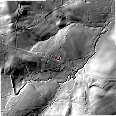 Shaded relief map of the ground around HR97SP, computed from Environment Agency LiDAR. The ground here sits at about 55 m above sea level and falls 32 m across the surrounding 800 m. Surface water reaching this point runs off ground lying to the west, 7.8 m higher.