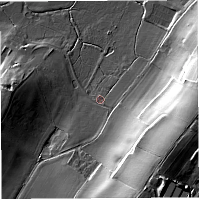 Shaded relief map of the ground around HR97TE, computed from Environment Agency LiDAR. The ground here sits at about 34 m above sea level and falls 38 m across the surrounding 800 m. Surface water reaching this point runs off ground lying to the south-east, 31.6 m higher.