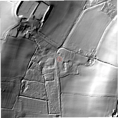 Shaded relief map of the ground around HR97TF, computed from Environment Agency LiDAR. The ground here sits at about 38 m above sea level and falls 25 m across the surrounding 800 m. Surface water reaching this point runs off ground lying to the south-east, 1.4 m higher.