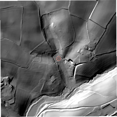 Shaded relief map of the ground around HR97TS, computed from Environment Agency LiDAR. The ground here sits at about 64 m above sea level and falls 57 m across the surrounding 800 m. Surface water reaching this point runs off ground lying to the north-north-east, 45.4 m higher.