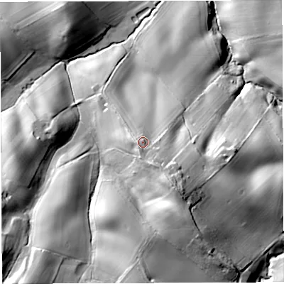 Shaded relief map of the ground around HR97UW, computed from Environment Agency LiDAR. The ground here sits at about 94 m above sea level and falls 40 m across the surrounding 800 m. Surface water reaching this point runs off ground lying to the south-south-east, 4.6 m higher.