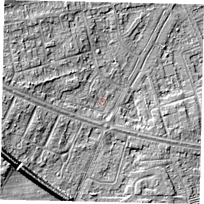 Shaded relief map of the ground around HU106AT, computed from Environment Agency LiDAR. The ground here sits at about 10 m above sea level and falls 17 m across the surrounding 800 m. Surface water reaching this point runs off ground lying to the west, 6.4 m higher.