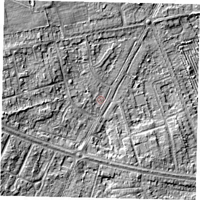 Shaded relief map of the ground around HU106AX, computed from Environment Agency LiDAR. The ground here sits at about 9 m above sea level and falls 10 m across the surrounding 800 m. Surface water reaching this point runs off ground lying to the west, 7.0 m higher.