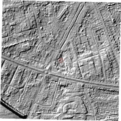 Shaded relief map of the ground around HU106BB, computed from Environment Agency LiDAR. The ground here sits at about 8 m above sea level and falls 16 m across the surrounding 800 m. Surface water reaching this point runs off ground lying to the south-west, 2.9 m higher.