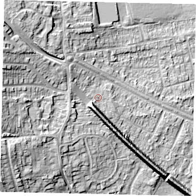 Shaded relief map of the ground around HU106BL, computed from Environment Agency LiDAR. The ground here sits at about 20 m above sea level and falls 21 m across the surrounding 800 m. Surface water reaching this point runs off ground lying to the south-south-west, 6.0 m higher.