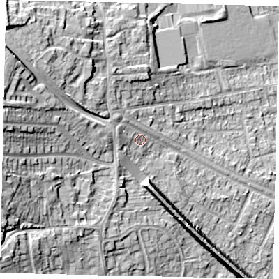 Shaded relief map of the ground around HU106BN, computed from Environment Agency LiDAR. The ground here sits at about 21 m above sea level and falls 22 m across the surrounding 800 m. Surface water reaching this point runs off ground lying to the west-north-west, 14.9 m higher.