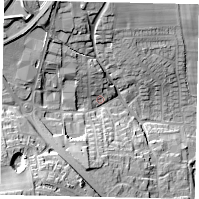 Shaded relief map of the ground around HU106DE, computed from Environment Agency LiDAR. The ground here sits at about 21 m above sea level and falls 29 m across the surrounding 800 m. Surface water reaching this point runs off ground lying to the south-west, 26.4 m higher.