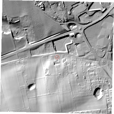 Shaded relief map of the ground around HU106DP, computed from Environment Agency LiDAR. The ground here sits at about 33 m above sea level and falls 31 m across the surrounding 800 m. Surface water reaching this point runs off ground lying to the south-south-west, 16.6 m higher.