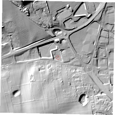 Shaded relief map of the ground around HU106DW, computed from Environment Agency LiDAR. The ground here sits at about 29 m above sea level and falls 37 m across the surrounding 800 m. Surface water reaching this point runs off ground lying to the north-north-west, 33.5 m higher.
