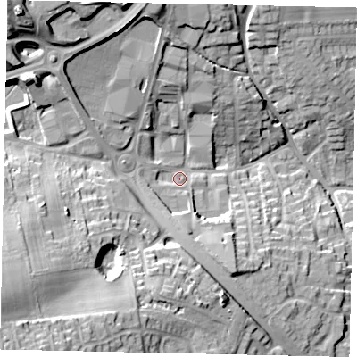Shaded relief map of the ground around HU106DZ, computed from Environment Agency LiDAR. The ground here sits at about 25 m above sea level and falls 33 m across the surrounding 800 m. Surface water reaching this point runs off ground lying to the south, 6.6 m higher.
