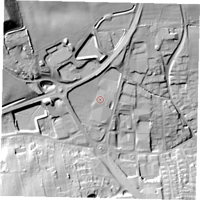 Shaded relief map of the ground around HU106EB, computed from Environment Agency LiDAR. The ground here sits at about 31 m above sea level and falls 44 m across the surrounding 800 m. Surface water reaching this point runs off ground lying to the north, 6.2 m higher.