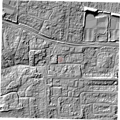 Shaded relief map of the ground around HU106EJ, computed from Environment Agency LiDAR. The ground here sits at about 6 m above sea level and falls 11 m across the surrounding 800 m. Surface water reaching this point runs off ground lying to the west, 1.5 m higher.