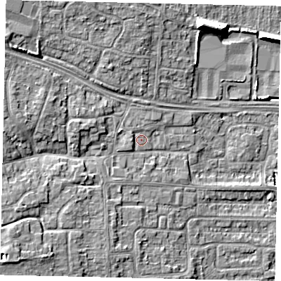 Shaded relief map of the ground around HU106EL, computed from Environment Agency LiDAR. The ground here sits at about 6 m above sea level and falls 11 m across the surrounding 800 m. Surface water reaching this point runs off ground lying to the west, 1.6 m higher.