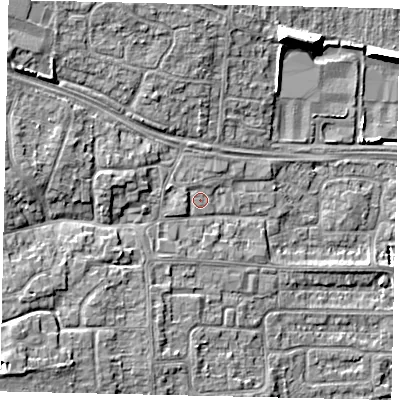 Shaded relief map of the ground around HU106EN, computed from Environment Agency LiDAR. The ground here sits at about 6 m above sea level and falls 11 m across the surrounding 800 m. Surface water reaching this point runs off ground lying to the west, 1.6 m higher.
