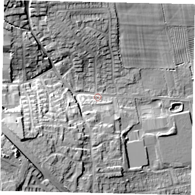 Shaded relief map of the ground around HU106EP, computed from Environment Agency LiDAR. The ground here sits at about 19 m above sea level and falls 24 m across the surrounding 800 m. Surface water reaching this point runs off ground lying to the west-south-west, 15.4 m higher.