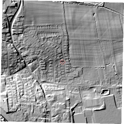 Shaded relief map of the ground around HU106EX, computed from Environment Agency LiDAR. The ground here sits at about 20 m above sea level and falls 24 m across the surrounding 800 m. Surface water reaching this point runs off ground lying to the north-west, 9.4 m higher.