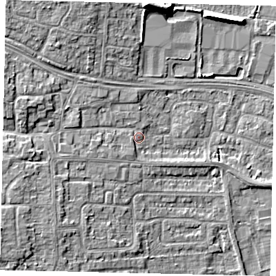Shaded relief map of the ground around HU106FD, computed from Environment Agency LiDAR. The ground here sits at about 5 m above sea level and falls 11 m across the surrounding 800 m. Surface water reaching this point runs off ground lying to the west-south-west, 4.9 m higher.