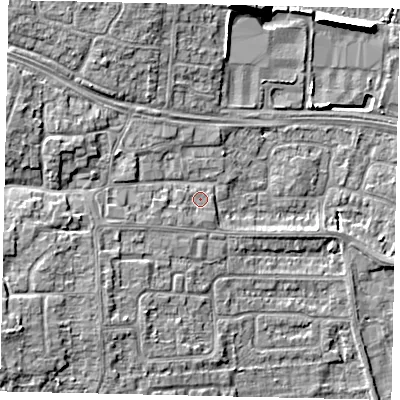 Shaded relief map of the ground around HU106FH, computed from Environment Agency LiDAR. The ground here sits at about 5 m above sea level and falls 11 m across the surrounding 800 m. Surface water reaching this point runs off ground lying to the south-west, 0.9 m higher.