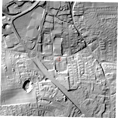 Shaded relief map of the ground around HU106FL, computed from Environment Agency LiDAR. The ground here sits at about 25 m above sea level and falls 32 m across the surrounding 800 m. Surface water reaching this point runs off ground lying to the south-west, 26.3 m higher.
