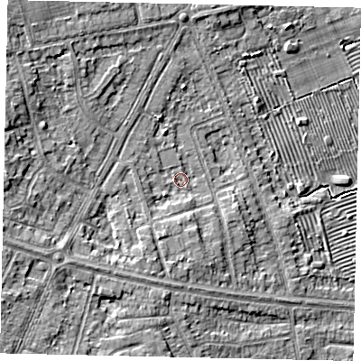 Shaded relief map of the ground around HU106FU, computed from Environment Agency LiDAR. The ground here sits at about 7 m above sea level and falls 9 m across the surrounding 800 m. Surface water reaching this point runs off ground lying to the west-south-west, 3.8 m higher.