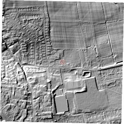 Shaded relief map of the ground around HU106HB, computed from Environment Agency LiDAR. The ground here sits at about 17 m above sea level and falls 20 m across the surrounding 800 m. Surface water reaching this point runs off ground lying to the north-west, 13.9 m higher.