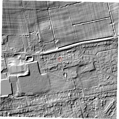 Shaded relief map of the ground around HU106HG, computed from Environment Agency LiDAR. The ground here sits at about 14 m above sea level and falls 14 m across the surrounding 800 m. Surface water reaching this point runs off ground lying to the west, 3.2 m higher.