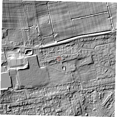 Shaded relief map of the ground around HU106HQ, computed from Environment Agency LiDAR. The ground here sits at about 14 m above sea level and falls 14 m across the surrounding 800 m. Surface water reaching this point runs off ground lying to the west-north-west, 3.1 m higher.