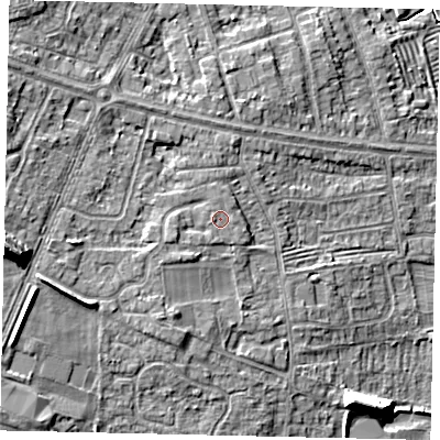 Shaded relief map of the ground around HU106LF, computed from Environment Agency LiDAR. The ground here sits at about 9 m above sea level and falls 16 m across the surrounding 800 m. Surface water reaching this point runs off ground lying to the south-south-west, 0.5 m higher.