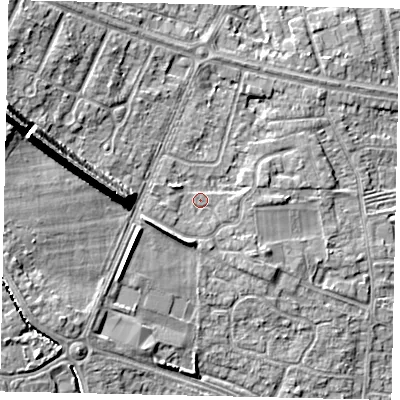 Shaded relief map of the ground around HU106LG, computed from Environment Agency LiDAR. The ground here sits at about 10 m above sea level and falls 16 m across the surrounding 800 m. Surface water reaching this point runs off ground lying to the west-north-west, 1.5 m higher.