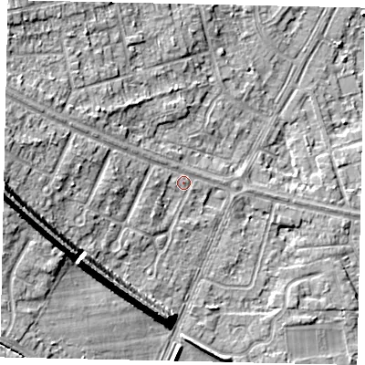 Shaded relief map of the ground around HU106LN, computed from Environment Agency LiDAR. The ground here sits at about 11 m above sea level and falls 17 m across the surrounding 800 m. Surface water reaching this point runs off ground lying to the west, 13.1 m higher.
