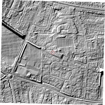 Shaded relief map of the ground around HU106LQ, computed from Environment Agency LiDAR. The ground here sits at about 10 m above sea level and falls 17 m across the surrounding 800 m. Surface water reaching this point runs off ground lying to the east-north-east, 0.8 m higher.