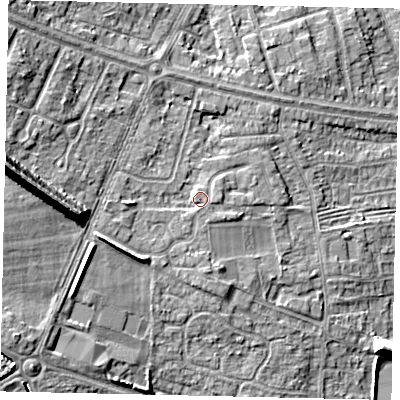 Shaded relief map of the ground around HU106LW, computed from Environment Agency LiDAR. The ground here sits at about 10 m above sea level and falls 16 m across the surrounding 800 m. Surface water reaching this point runs off ground lying to the west, 2.0 m higher.