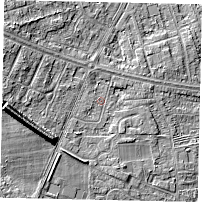 Shaded relief map of the ground around HU106LY, computed from Environment Agency LiDAR. The ground here sits at about 9 m above sea level and falls 16 m across the surrounding 800 m. Surface water reaching this point runs off ground lying to the west, 13.5 m higher.