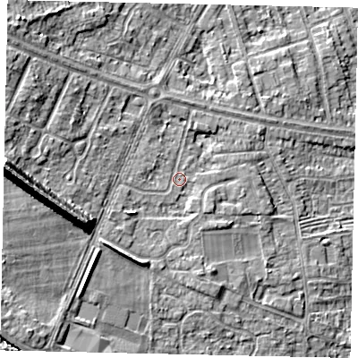 Shaded relief map of the ground around HU106LZ, computed from Environment Agency LiDAR. The ground here sits at about 10 m above sea level and falls 16 m across the surrounding 800 m. Surface water reaching this point runs off ground lying to the west, 12.2 m higher.