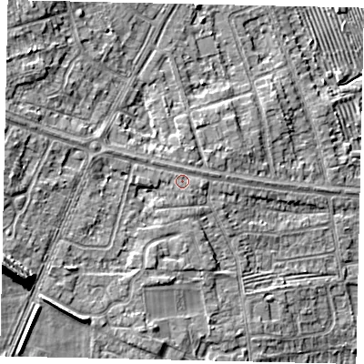 Shaded relief map of the ground around HU106NA, computed from Environment Agency LiDAR. The ground here sits at about 9 m above sea level and falls 16 m across the surrounding 800 m. Surface water reaching this point runs off ground lying to the west-north-west, 1.7 m higher.