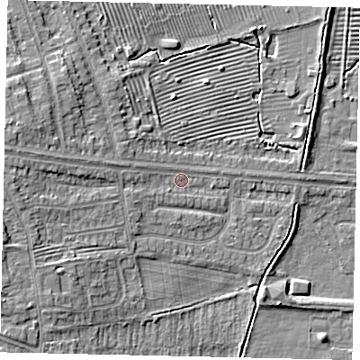 Shaded relief map of the ground around HU106NF, computed from Environment Agency LiDAR. The ground here sits at about 5 m above sea level and falls 8 m across the surrounding 800 m. Surface water reaching this point runs off ground lying to the west, 4.7 m higher.