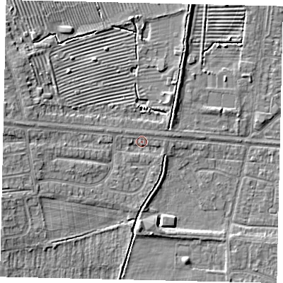 Shaded relief map of the ground around HU106NG, computed from Environment Agency LiDAR. The ground here sits at about 4 m above sea level and falls 6 m across the surrounding 800 m. Surface water reaching this point runs off ground lying to the west-south-west, 4.0 m higher.