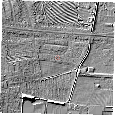 Shaded relief map of the ground around HU106NH, computed from Environment Agency LiDAR. The ground here sits at about 4 m above sea level and falls 12 m across the surrounding 800 m. Surface water reaching this point runs off ground lying to the west-south-west, 4.7 m higher.