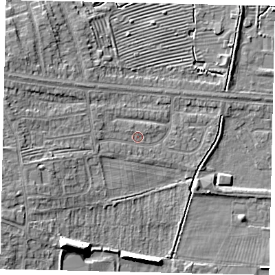 Shaded relief map of the ground around HU106NJ, computed from Environment Agency LiDAR. The ground here sits at about 5 m above sea level and falls 13 m across the surrounding 800 m. Surface water reaching this point runs off ground lying to the west-south-west, 4.8 m higher.