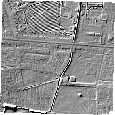 Shaded relief map of the ground around HU106NP, computed from Environment Agency LiDAR. The ground here sits at about 4 m above sea level and falls 13 m across the surrounding 800 m. Surface water reaching this point runs off ground lying to the west-south-west, 1.3 m higher.