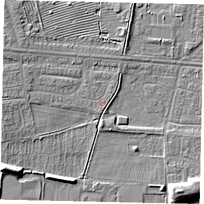 Shaded relief map of the ground around HU106NR, computed from Environment Agency LiDAR. The ground here sits at about 4 m above sea level and falls 12 m across the surrounding 800 m. Surface water reaching this point runs off ground lying to the west, 1.3 m higher.
