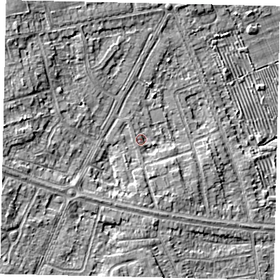 Shaded relief map of the ground around HU106PD, computed from Environment Agency LiDAR. The ground here sits at about 8 m above sea level and falls 9 m across the surrounding 800 m. Surface water reaching this point runs off ground lying to the south-west, 2.9 m higher.