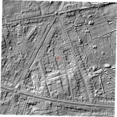 Shaded relief map of the ground around HU106PJ, computed from Environment Agency LiDAR. The ground here sits at about 7 m above sea level and falls 8 m across the surrounding 800 m. Surface water reaching this point runs off ground lying to the south-west, 3.8 m higher.
