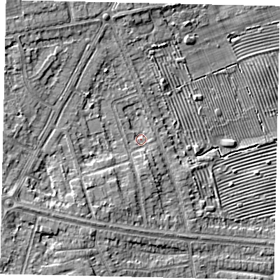 Shaded relief map of the ground around HU106PR, computed from Environment Agency LiDAR. The ground here sits at about 7 m above sea level and falls 8 m across the surrounding 800 m. Surface water reaching this point runs off ground lying to the north-west, 4.7 m higher.