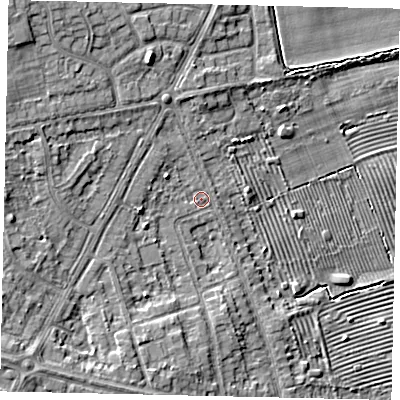 Shaded relief map of the ground around HU106PS, computed from Environment Agency LiDAR. The ground here sits at about 7 m above sea level and falls 9 m across the surrounding 800 m. Surface water reaching this point runs off ground lying to the north-north-west, 4.1 m higher.