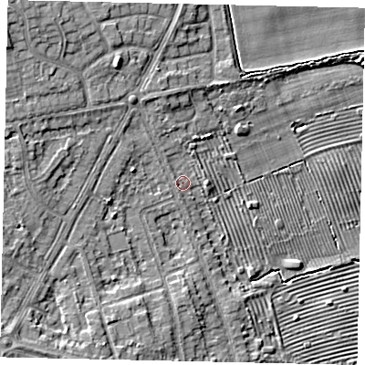 Shaded relief map of the ground around HU106PT, computed from Environment Agency LiDAR. The ground here sits at about 7 m above sea level and falls 9 m across the surrounding 800 m. Surface water reaching this point runs off ground lying to the north-north-west, 1.0 m higher.